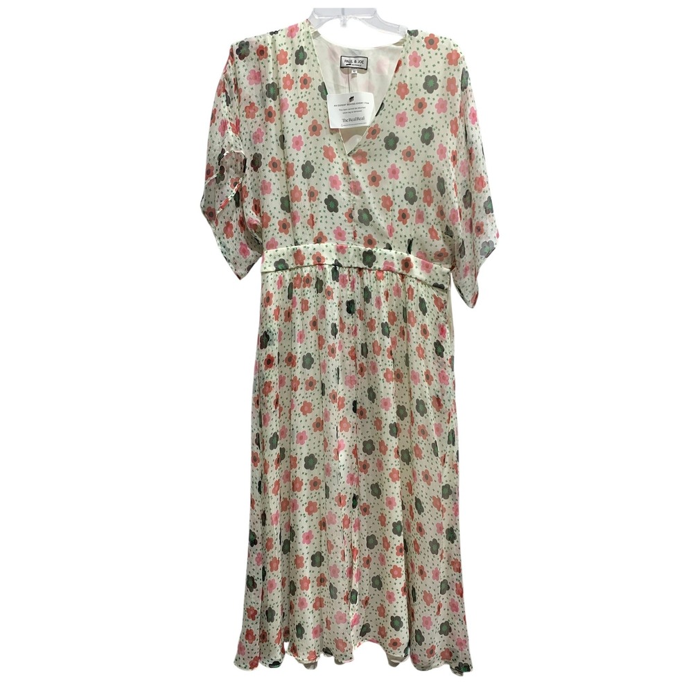 Paul & Joe Floral Midi Dress Ivory Pink Green 42 Sheer Size Large